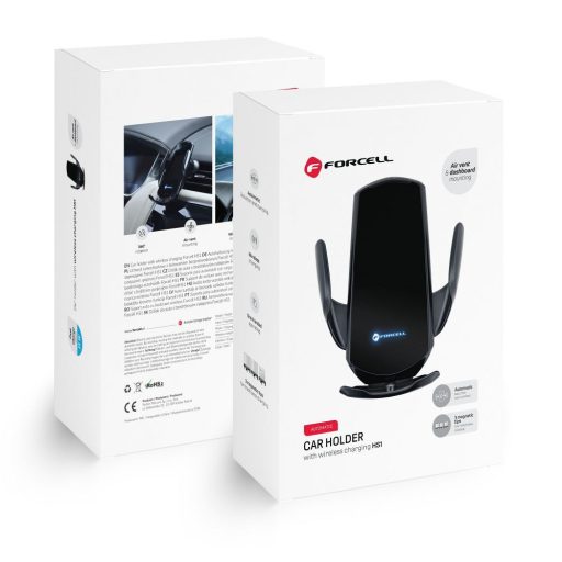 FORCELL autós tartó vezeték nélküli töltéssel, automatikus érzékelővel + mágneses adapterekkel HS1 15W fekete