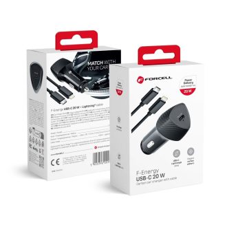   Forcell Carbon USB C 3.0 PD autós töltő 3A 20W+ USB C - Lightning kábelfekete