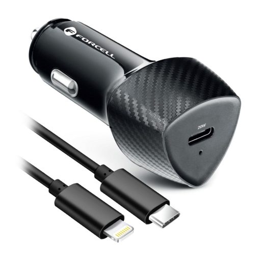 Forcell Carbon USB C 3.0 PD autós töltő 3A 20W+ USB C - Lightning kábelfekete