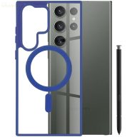   Samsung S23 Ultra Átlátszó szilikon tok Kék keretben Magsafe gyűrűvel