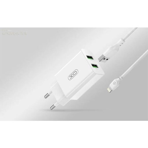 XO L119 hálózati töltő adapter 2 x USB-A + Lightning kábel, 18W, fehér